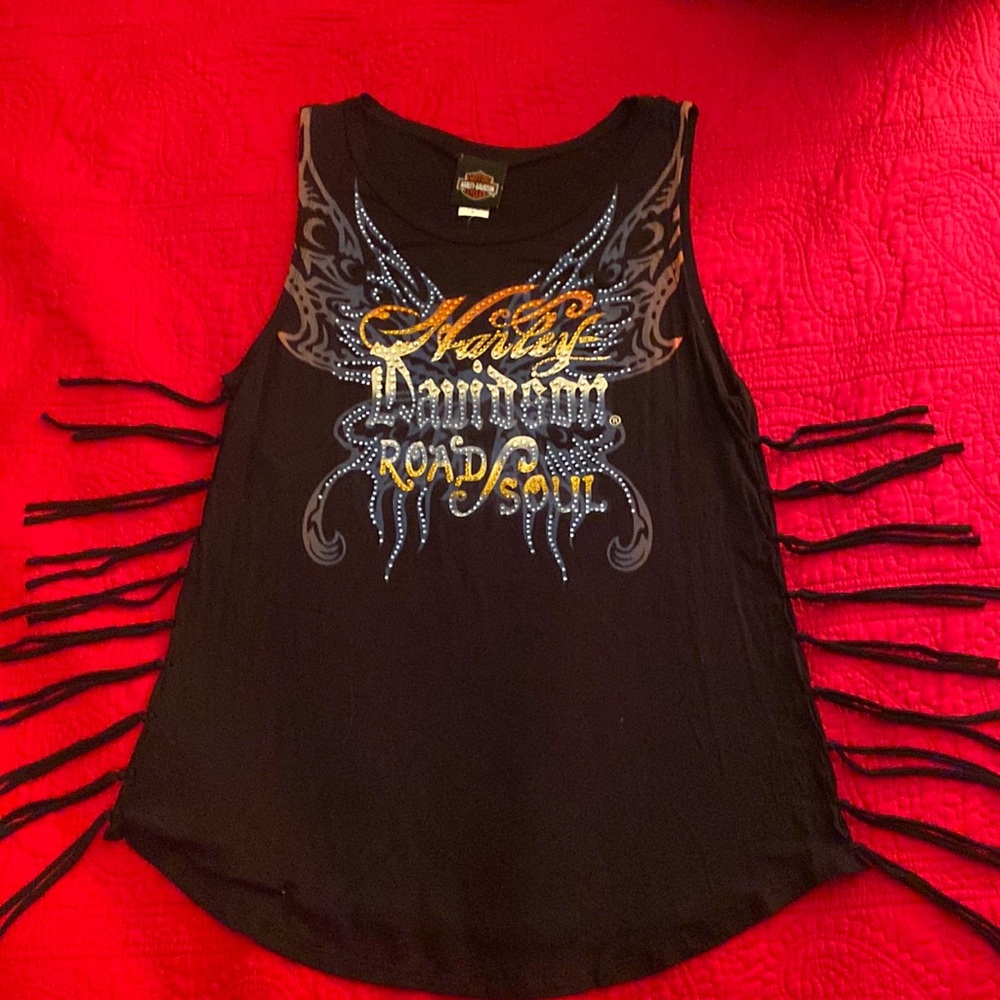 Women’s medium Black Harley Davidson tank top with side fringe